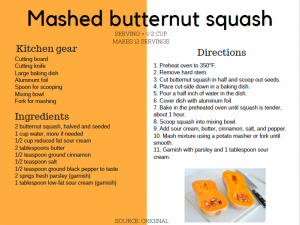 recipe card for mashed butternut squash
