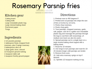 recipe card for rosemary parsnip fries