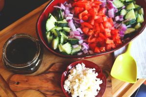 cucumber, onion, and tomato salad