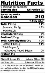Nutrition facts panel for chicken pot pie with drop biscuit topping