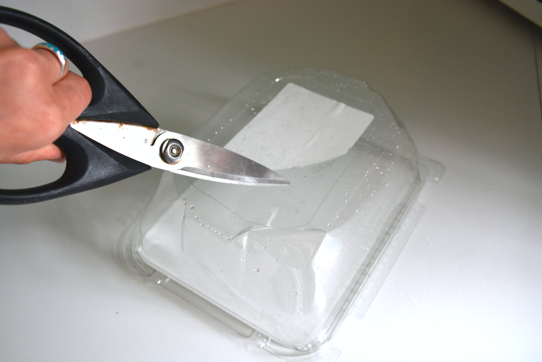 poking holes in salad container with scissors