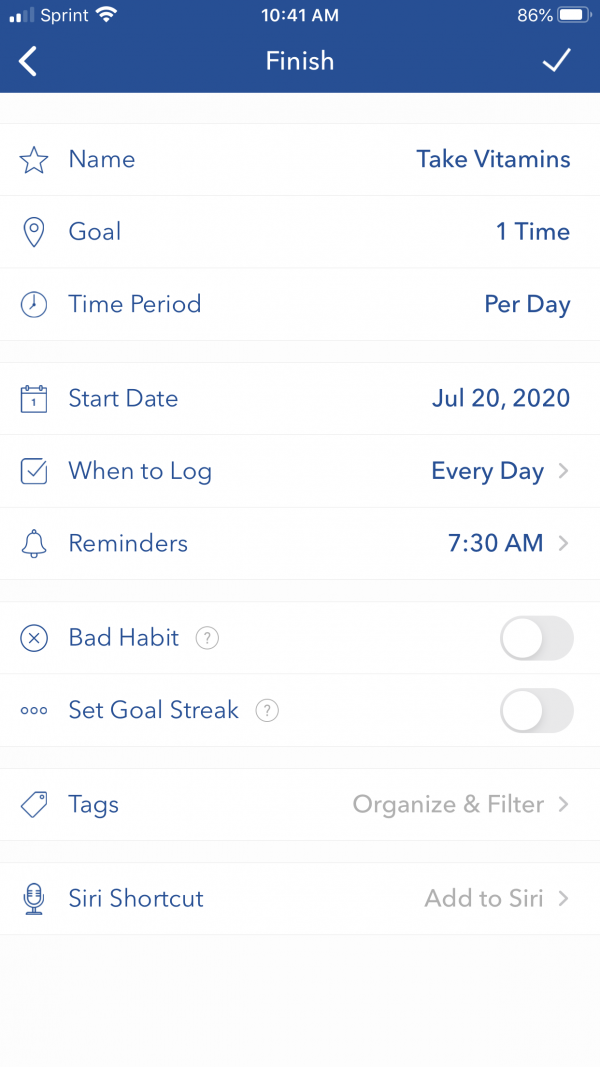Screenshot of the strides app planning a new goal