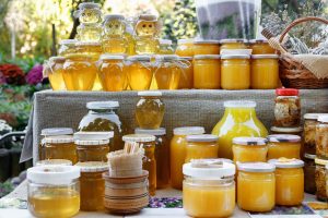 display of jars of various types of honey 