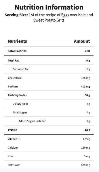 Nutrition facts label for egg, kale, and sweet potato breakfast casserole