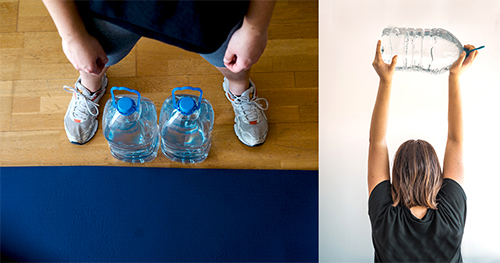 Side by side photos show two 5 liter bottles on the ground between two feet and a yoga mat. Right photo shows girl in black shirt lifting bottle over head.