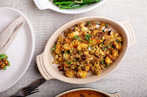 thanksgiving stuffing in a casserole dish