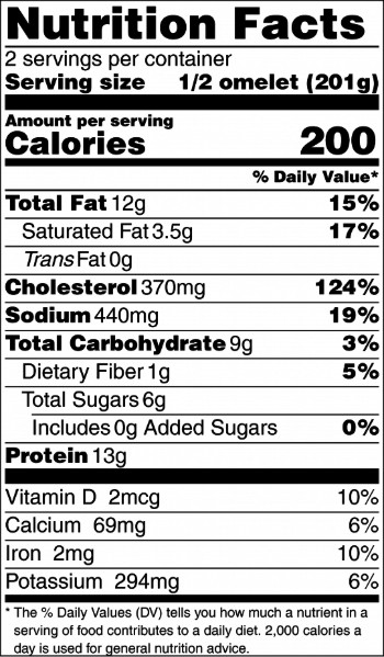 black and white nutrition facts panel for apple and veggie omelet