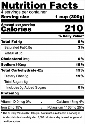 Black and white nutrition facts panel of Roasted Potatoes and Vegetables