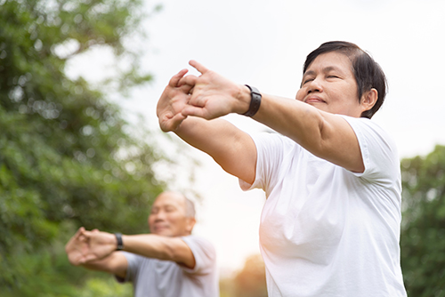 Elderly people stretching hands, arms before exercise at park.