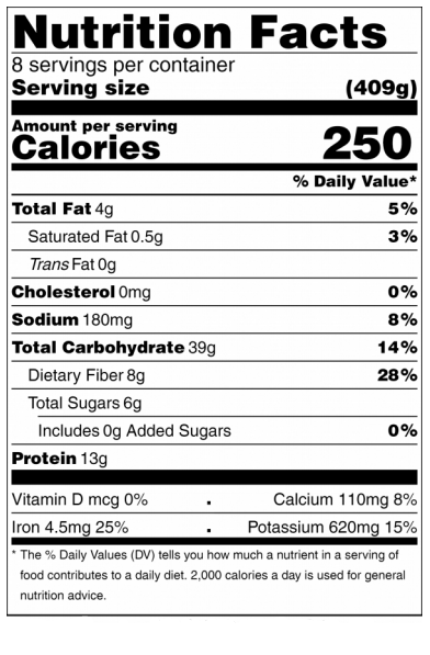 Black and white nutrition facts panel for crock pot vegetable lentil stew