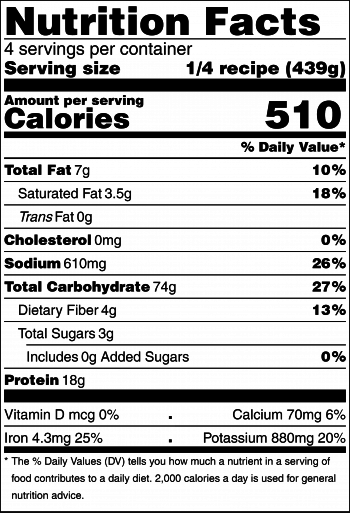 Black and white nutrition facts label for slow cooker rice and peas recipe
