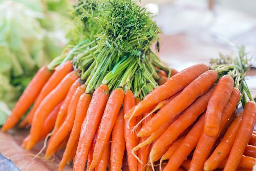 bundles of fresh carrots on a farmers market table