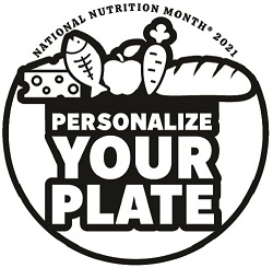 National Nutrition Month logo with cheese, fish, apple, carrot, and bread icons above text that reads "Personalize your plate"