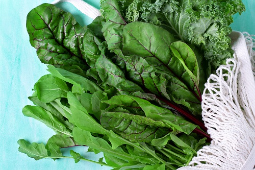 Chard, kale and arugula in a white mesh bag on a blue table. 