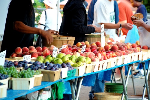 Colorful farmers market stand