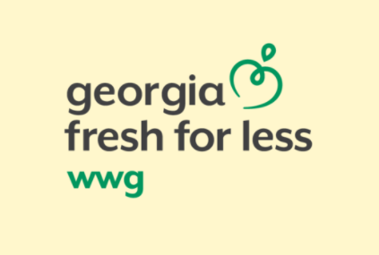 Georgia Fresh for Less- Wholesome Wave Georgia Logo, black text on yellow with a green icon