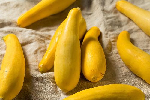 summer squash laid out on a burlap bag