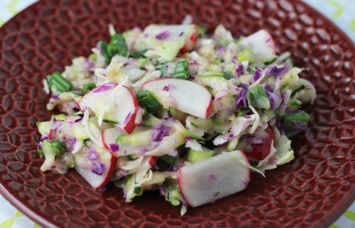 a serving of colorful coleslaw on a maroon plate