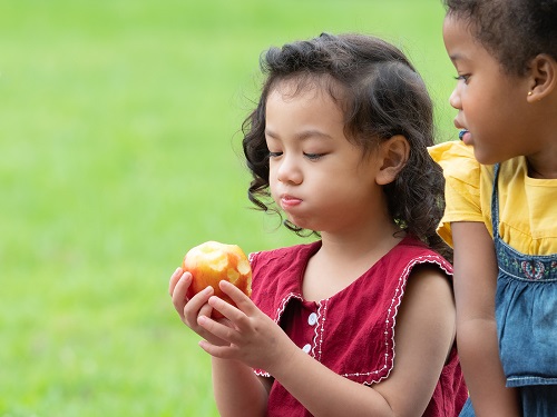 Young girl enjoys an apple with her friend on a green grassy field outdoors