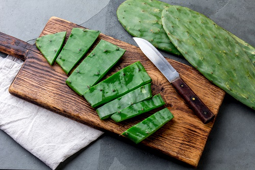 Leave of cactus nopales and a cutting board