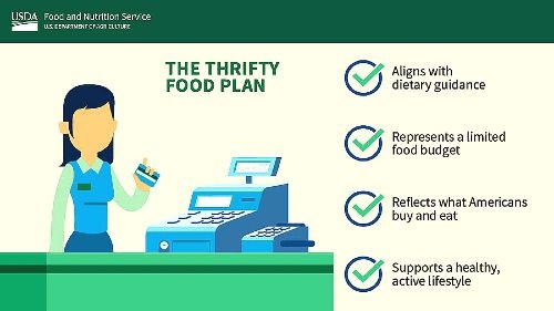 causcasian female dressed in blue standing behind a green counter with a blue cash register and the components of new Thrifty Food Plan written beside it