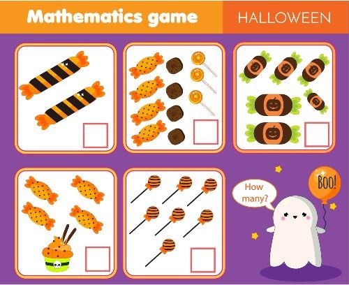 6 white squares with candy pieces on them on a purple background with a orange rectangle at the top with the words Mathematics game written on it and a small white ghost in the bottom right corner holding an orange balloon which says" boo" and a white word balloon which says "how many"
