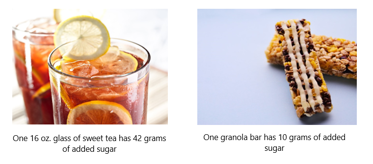 image comparing the amount of added sugar in sweet tea vs a granola bar 