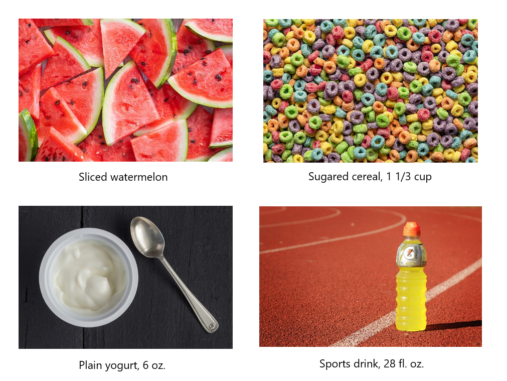 image comparing the amount of sugar in fresh watermelon, sugared cereal, plain yogurt, and a sports drink