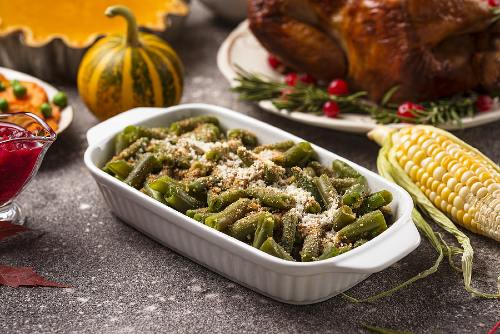 green bean casserole in a white glass casserole dish