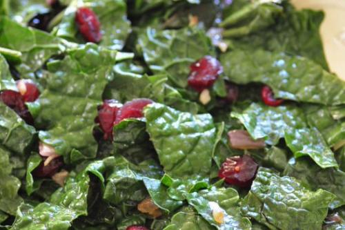 close up photo of stir-fried kale with cranberries scattered throughout