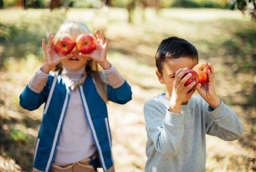 young girl and boy each holding two apples up to their eyes like glasses