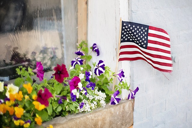 American flag in flower box