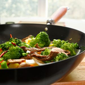 Close up of a stir-fry dish in a pan