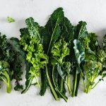 Fresh picked collards, kale, broccoli leaves lined up on a neutral background.