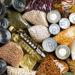 aerial view of canned and dried pantry staples