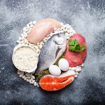 Different types of foods containing protein: fish, meat, chicken, eggs, dairy products, beans on gray concrete background